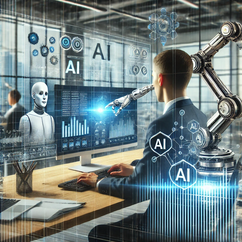 Automatización e inteligencia artificial en el entorno laboral, con tecnología avanzada y sistemas automatizados.