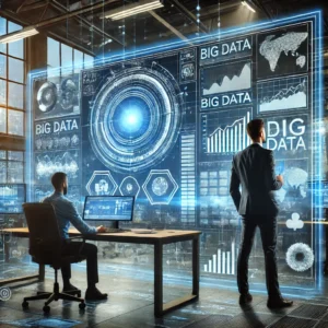 Ingeniero analizando Big Data en un monitor con gráficos y datos en tiempo real para tomar decisiones estratégicas.